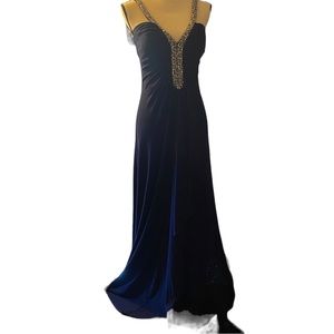 JS Boutique Womens Navy Blue Sequin Rhinestone (6) Formal Maxi Dress NWT